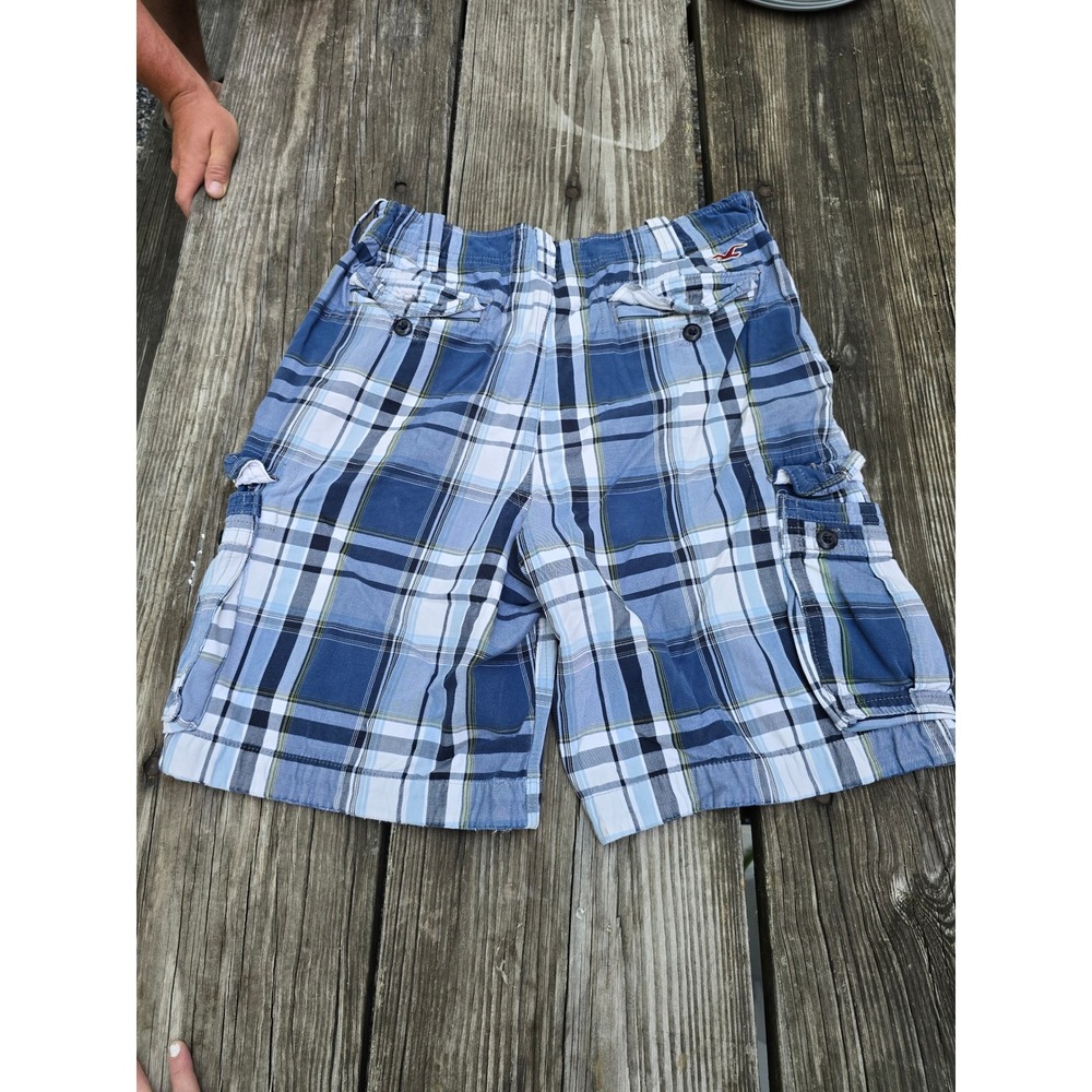 Hollister Mens Blue Plaid Cargo Shorts Size 36 Cotton Button Fly Casual Summer